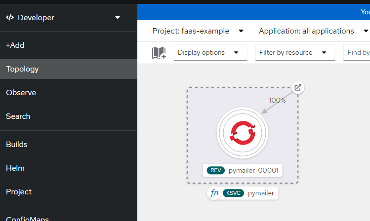 The Python mailer function displayed in the OpenShift topology page.
