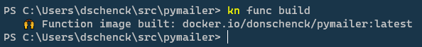 Running the kn func build command in the console.