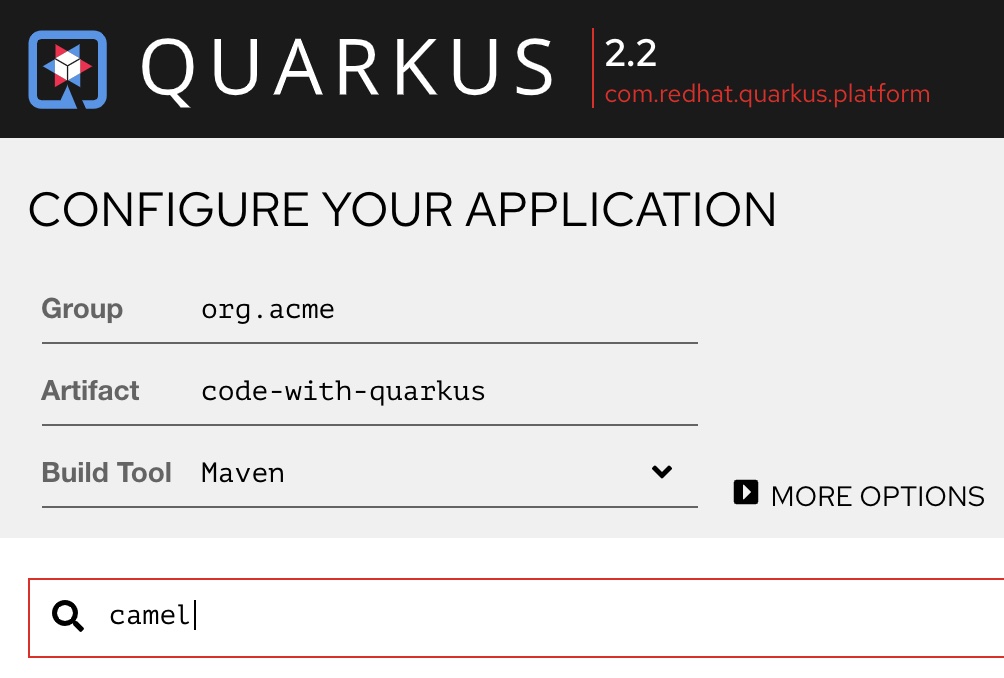 Search for "camel" extensions in the Quarkus code generator.