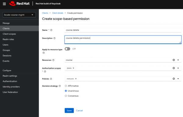 Create scope based permission for deleting the course