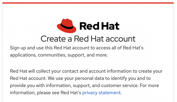 The sign-up form to create a Red Hat account