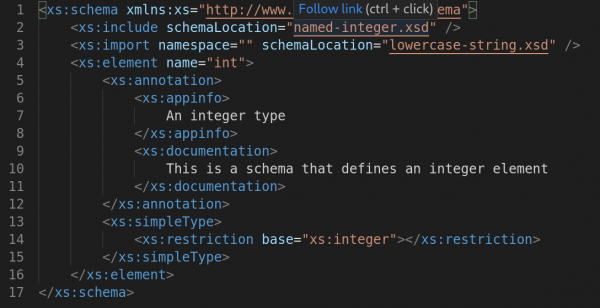 An xs schema with xs include and xs import, showing the underlined document links