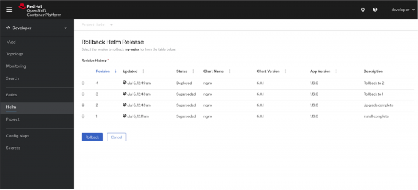 A screenshot of the Rollback Helm Release page and the Revision History list in the OpenShift 4.5 console.