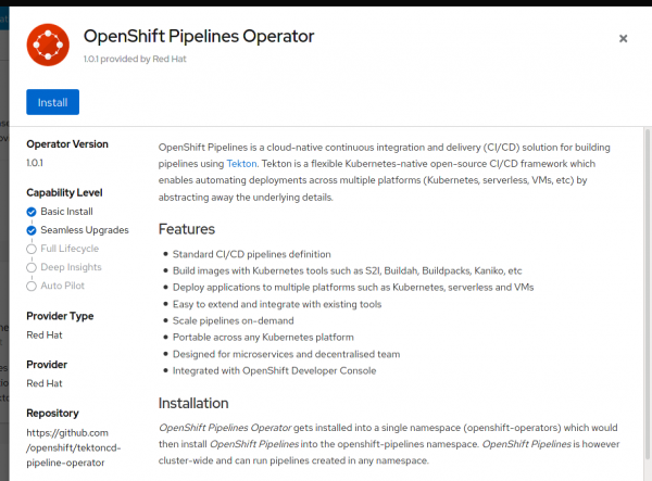 The OpenShift Pipelines Operator installation screen.