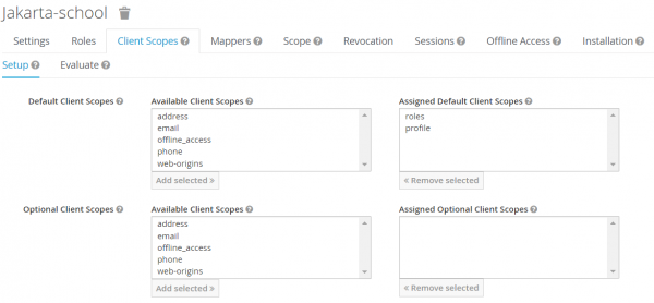 jakarta-school -&gt; Client Scopes tab -&gt; Setup with default client scopes assigned