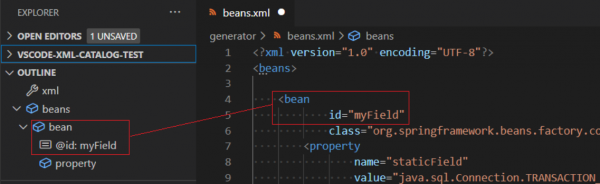 A Spring XML file with id attributes shown.