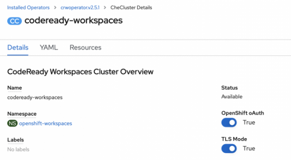 The displayed properties of a CodeReady Workspaces cluster