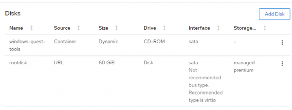 Disk storage values edited to support a Windows VM.