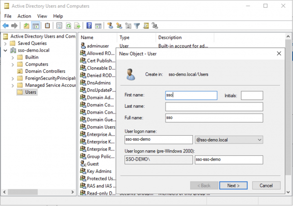 Create a user representing the RHSSO host in Active Directory