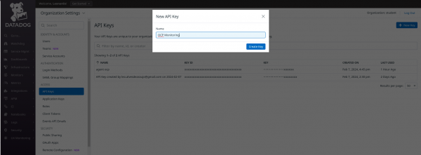 Organization Settings' Menu in the Datadog platform for adding a new API Key