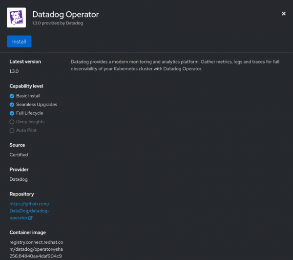 Datadog operator overview panel, showing some details about the operator itself