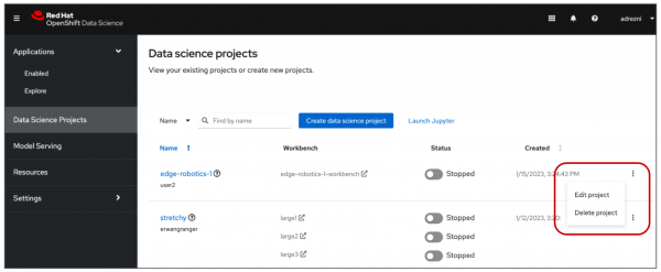 Figure 2: Edit or delete a project in OpenShift Data Science by clicking on the three dots to the far right of the project name.