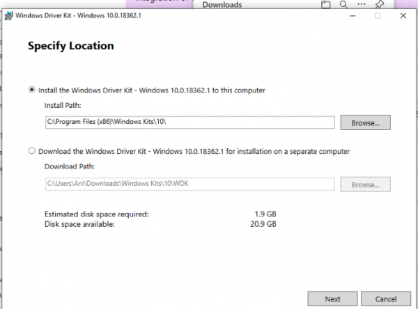 The Windows Driver Kit GUI installation screen prompts the user to specify a location.
