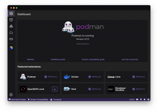 A screenshot of the Podman Desktop dashboard.