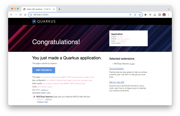 A view of a Quarkus application running locally with Podman.