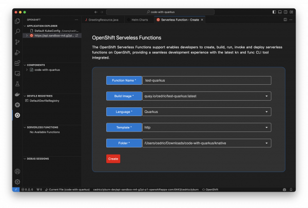 Serverless function deployment within the OpenShift Toolkit.