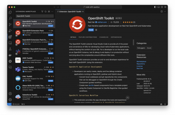 A view of the OpenShift Toolkit from the Visual Studio Code Marketplace.