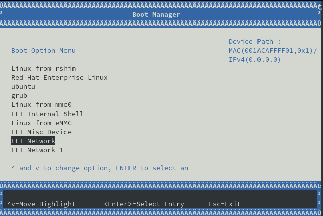 Screenshot of the  NVIDIA BlueField-2 Boot Manager menu.