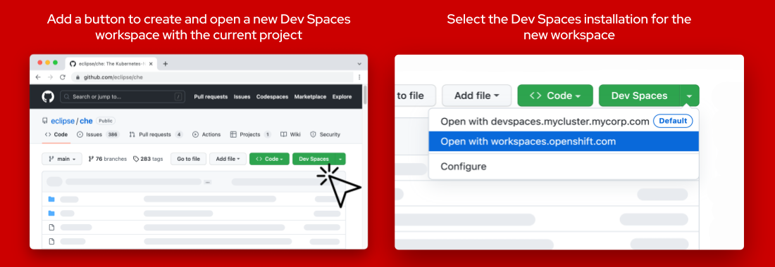 The 'Dev Spaces' button within the GitHub UI and the button's dropdown items displaying different Dev Spaces instances/
