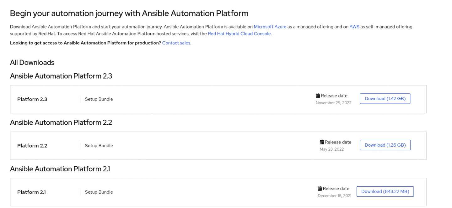Download page for Ansible Automation Platform