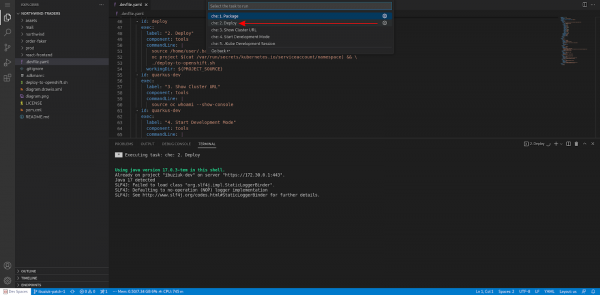 Deploy the application in a workspace with Terminal -> Run Task -> devfile -> 2. Deploy.