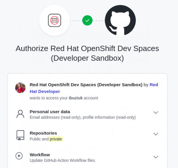Authorize the GitHub OAuth app configured for each of the Developer Sandbox clusters.