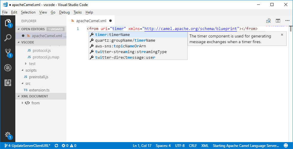 VS Code auto-completion of Camel URI