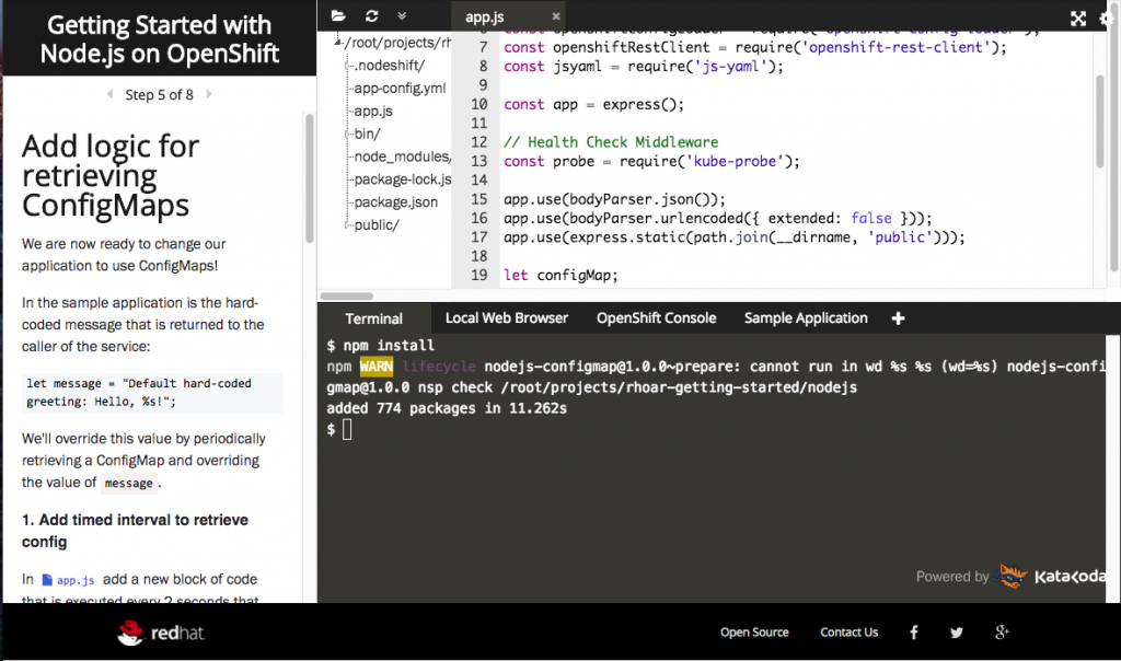 A screenshot of a Node.js interactive learning scenario for adding logic and retrieving ConfigMaps.