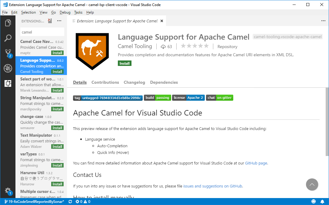 Language Support for Apache Camel extension entry displayed when searching for Camel in VS Code Extension manager