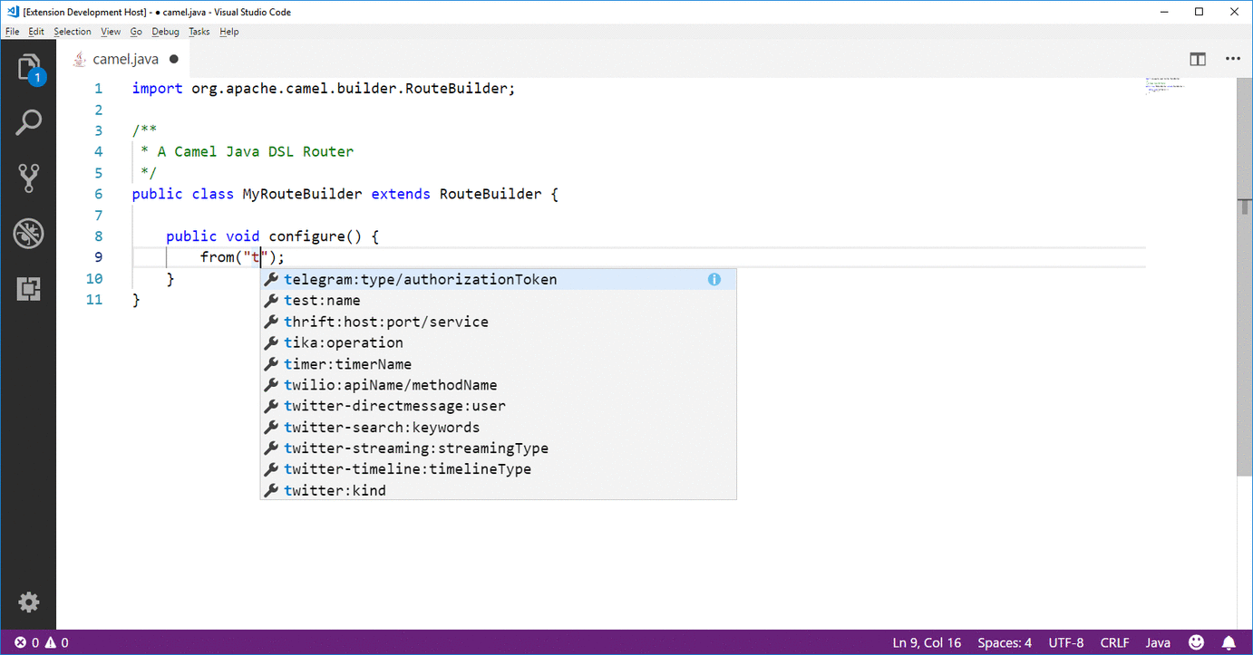 Completion of Camel URI with Java DSL in VS Code