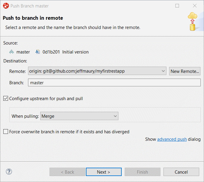 "Push to branch in remote" dialog box
