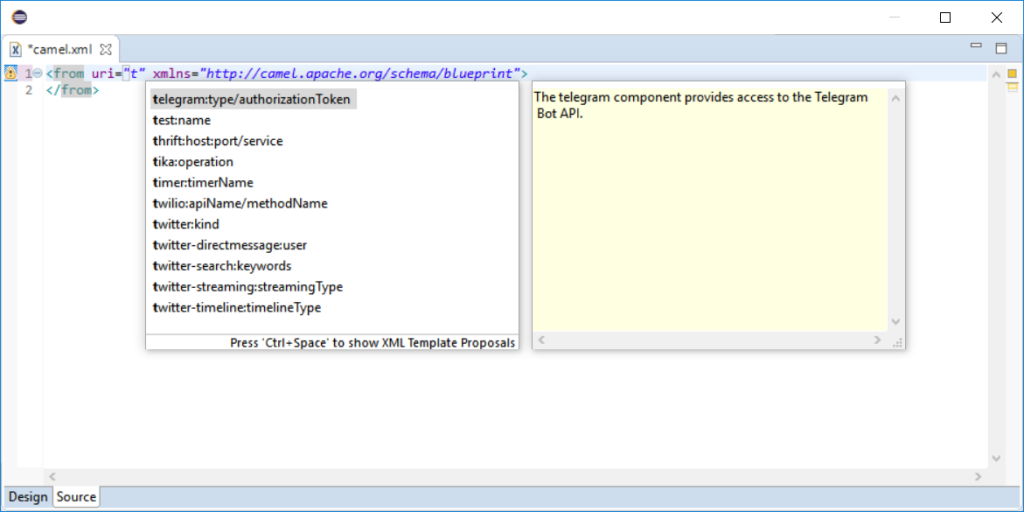 completion Camel XMl in Eclipse Desktop