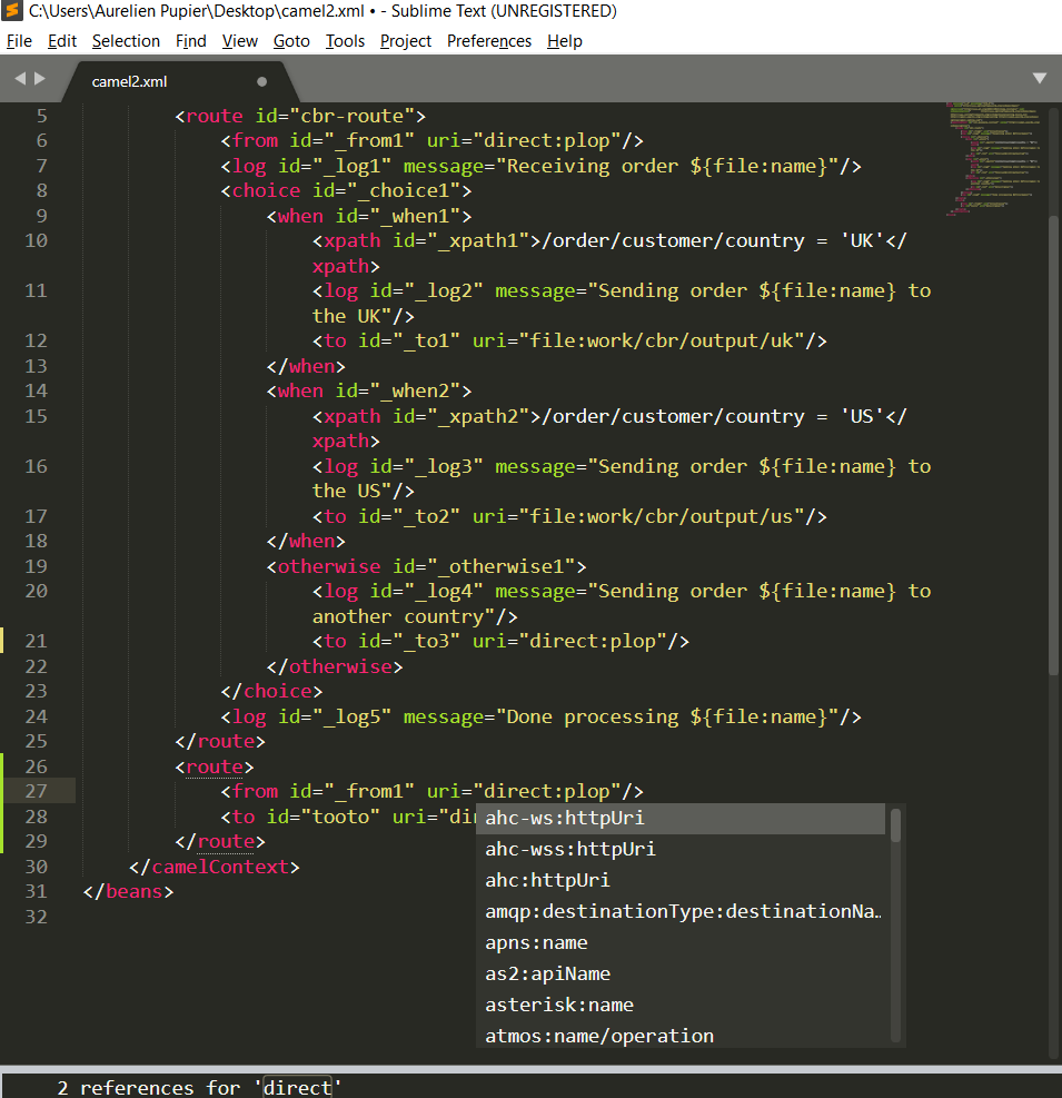 Camel XML completion Sublime Text