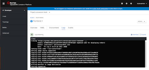 Build log in openshift developer perspective