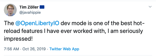 Tweet about Open Liberty Dev Mode.