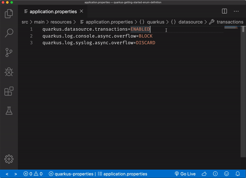 Animation showing how to use the definition features for enum values.