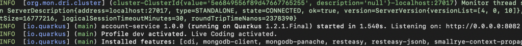 A screenshot of the Quarkus application's start time on first execution.