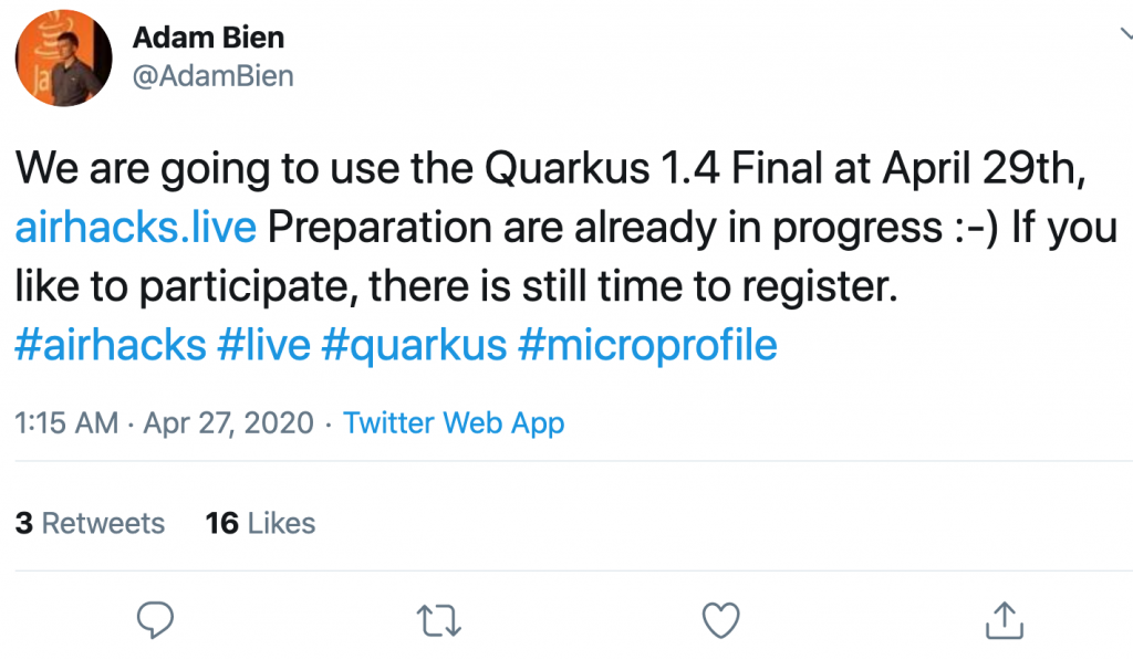 @AdamBien Twitter post for Quarkus 1.4 Final