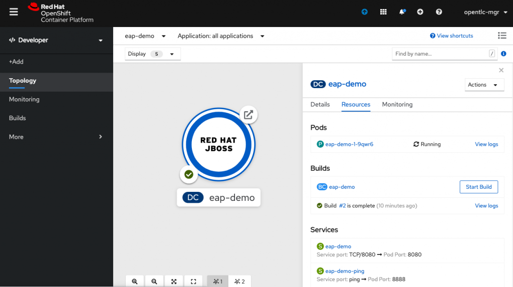 OpenShift Topology view with JBoss Enterprise Application Platform application