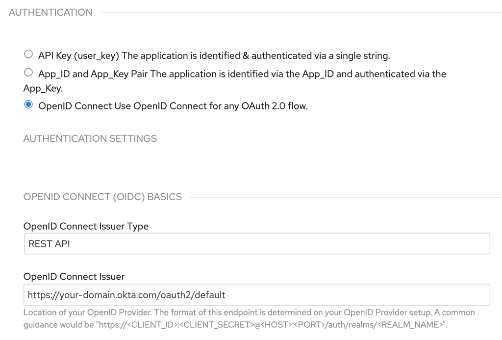 The dialog screen to enter the 3scale API Management OIDC settings for Okta authentication.