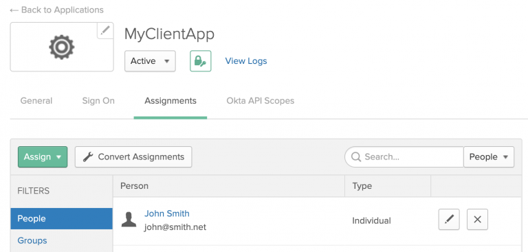 In the Okta admin console, create and assign at least one user to the application.