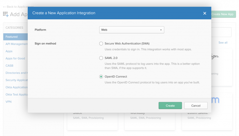 The dialog to create a new application in the Okta admin portal. The OpenID Connect sign-on method is selected.
