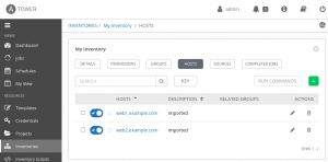 The two hosts just created appear in the hosts list in the Ansible Tower inventory.