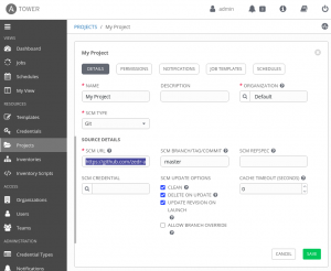 This form creates the Ansible Tower project.