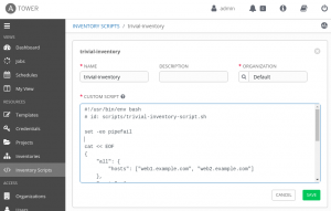 Ansible Tower's Inventory Scripts screen contains a text field named CUSTOM SCRIPT, where an administrator can insert an inventory script.