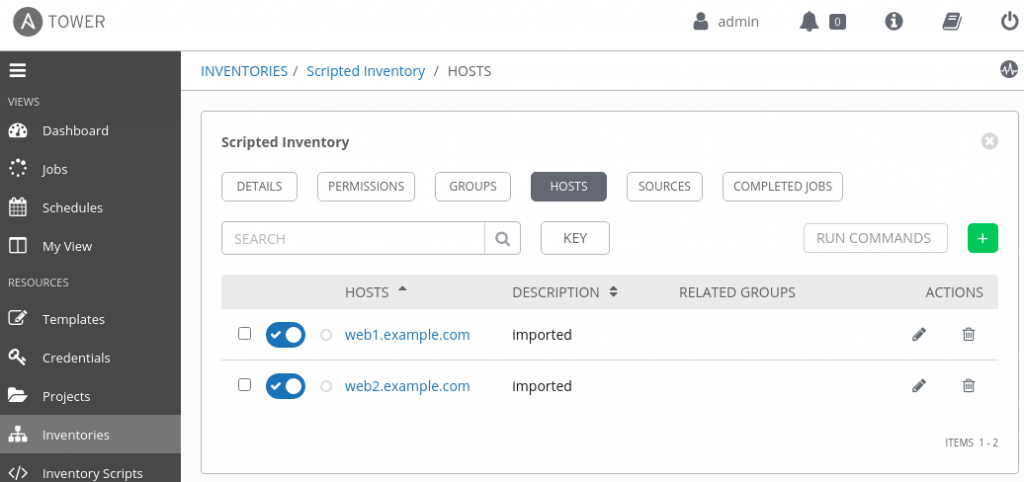 Ansible Tower's Inventory Scripts screen contains a text field named CUSTOM SCRIPT, where an administrator can insert an inventory script.