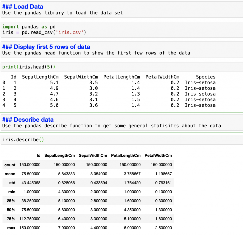 Loading the data in the Jupyter notebook via the pandas library and viewing statistics about that data.