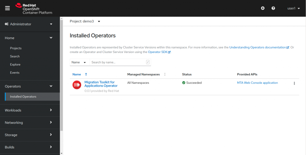 The new Migration Toolkit for Applications Operator is shown on the OpenShift 'Installed Operators' page.
