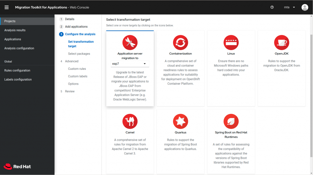 The new Migration Toolkit for Applications user interface showing transformation targets for containerization, Linux, OpenJDK, Spring Boot on Red Hat Runtimes, and more.
