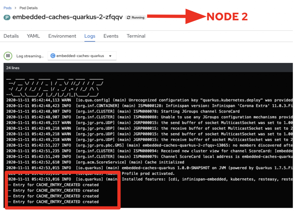 The CacheListener output from Node 2.